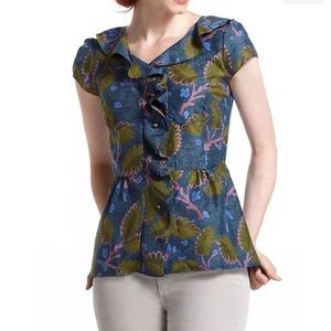 Vanessa Virginia Blue Anthropologie Ruffle Leaf Blouse Silk Cotton Blend Size 2
